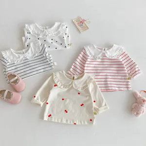 Toddler baby girls long sleeve t-shirt sweet ruffle doll collar cute striped cherry print top