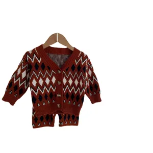 Bebé niño retro argyle cárdigan de punto suéter y pantalones cortos conjunto otoño invierno