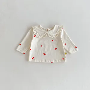 Infant toddler baby girl long sleeve t-shirt cute ruffle doll collar cherry print top spring