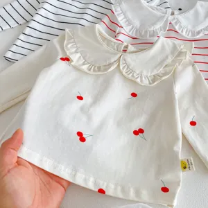 Infant baby girl long sleeve t-shirt close up, cute doll collar cherry print detail
