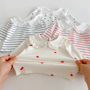 Toddler baby girls long sleeve t-shirt ruffled collar cute striped polka dot top 2024