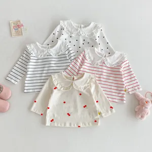 Baby Toddler Cute Ruffle Collar Long Sleeve T-Shirt Stripe Cherry Print Kids Tops