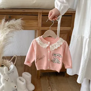 Baby Meisjes Schattig Konijn Borduurwerk Gebreid Vest Trui Ronde Hals Lange Mouw Knoopsluiting Herfst Jas