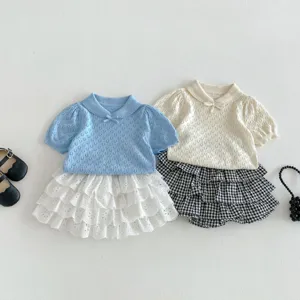 Summer Korean style children knitted hollow short sleeve top toddler baby sweet polo shirt