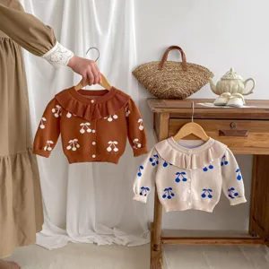 Toddler girls cute cherry print knit cardigan sweater with sweet lapel collar for spring.
