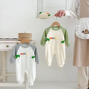 Gedetailleerd overzicht van schattige baby dinosaurus romper met lange mouwen en handige 3D zak.