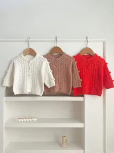 Zuigeling Baby Kabelbreisel Cardigan Trui Schattige Pompon Lange Mouw Ronde Hals Katoen Breisel Top Voor Pasgeboren Jongens Meisjes