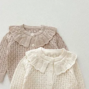 Infant baby knit cardigan sweater with hollow out collar and buttons, soft toddler top.