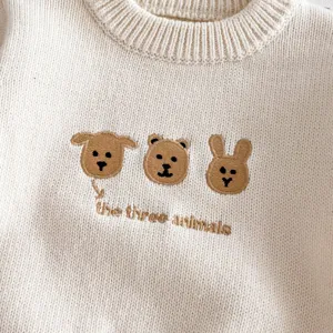 Baby knit sweater with cute animal embroidery, soft crew neck pullover for autumn spring.