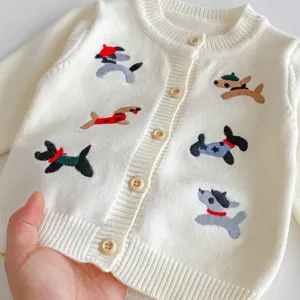 Infant baby knit cardigan with cute puppy embroidery, soft button-up sweater for autumn.