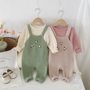 Set maglione e salopette in maglia per neonati, ricamo floreale, cotone morbido inverno.