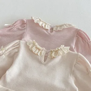 Children lace collar long sleeve top detail, sweet puff sleeve design with cute bow accents.