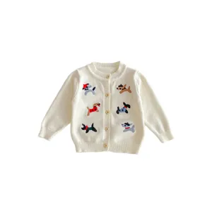 Toddler baby knit cardigan sweater with cute dog embroidery, long sleeve button-up top.