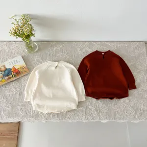 Infant baby knitted long-sleeve romper bodysuit set, soft cotton fabric, cozy autumn wear details.