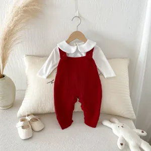 Cute baby knitted romper set with white collar and red straps, perfect autumn outfit for infants.