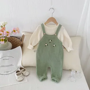Delizioso set maglione in maglia e tutina per neonati con ricamo floreale, vestito autunnale.