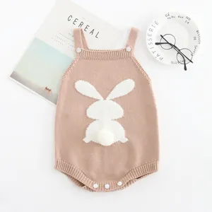 Cute knitted baby romper with adorable bunny pattern and pom-pom tail, soft cotton infant jumpsuit.