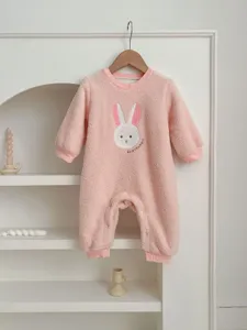 Cute plush baby winter fleece jumpsuit with bunny embroidery warm infant romper clothing.