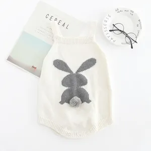Cute baby girl cotton knit romper with adorable grey bunny pattern and strap design for infants.