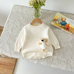 Cute baby knitted romper with long sleeves and adorable bear pocket for autumn infants.