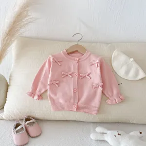 Baby girls pink knit cardigan sweater cute bow button autumn top toddler clothing