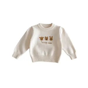 Cute baby knit sweater with animal embroidery, cozy crewneck pullover for spring and autumn.