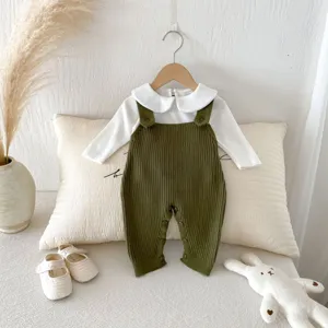 Korean style baby infant knitted overalls romper set with white collar long sleeve shirt cozy.