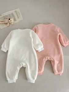 Infant baby winter fleece romper detailed view showing soft plush material, warm long sleeves.