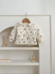 Floral quilted baby toddler jacket with cute lace collar and double pockets for winter wear.