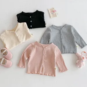 Gilet en tricot côtelé pour bébé fille, cardigan uni manches longues mode automne printemps