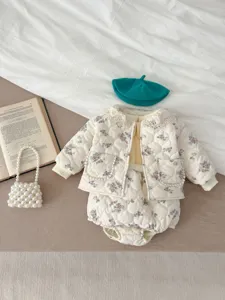 Winter Korean style baby girl floral quilted jacket bloomers set with lace pockets detail.