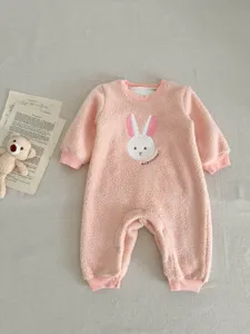 Baby fleece romper detail, cute bunny embroidery, warm winter infant jumpsuit bodysuit.