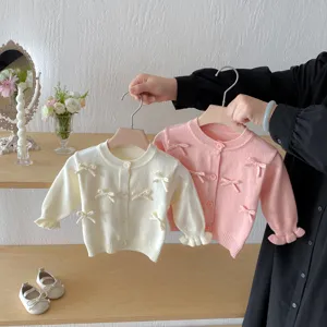 Baby Girls Bowknot Knitted Cardigan Sweater Cute Long Sleeve Single-Breasted Crew Neck Solid Color Toddler Autumn Top