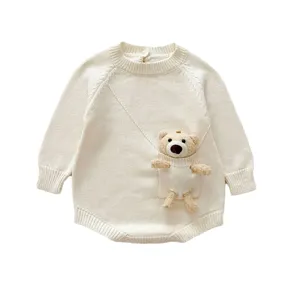 Cute baby knit romper with plush bear long sleeve infant crawler jumpsuit for autumn