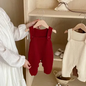 Adorable infant knitted romper baby strap pants for autumn toddler daily wear cozy style.