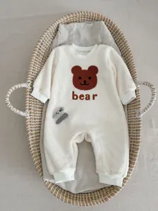 Fleece baby romper with cute bear applique, warm long sleeve infant jumpsuit for winter daily wear.