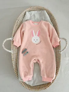 Pink fleece baby romper featuring cute rabbit embroidery and cozy long sleeves for winter.