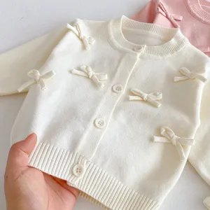 Cute baby girls knitted cardigan sweater with sweet bow accents and button closure for autumn wear.