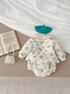 Winter Korean baby girl floral quilted jacket bloomers set with delicate lace collar detail.