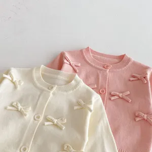 Cute baby girl knit cardigan with sweet bows, soft autumn sweater top for infant toddler daily.