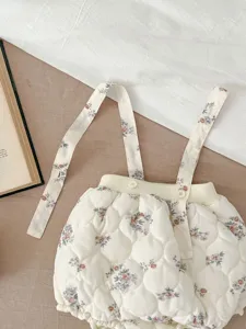 Cozy winter baby floral quilted strap bloomer romper, warm and stylish infant outfit.