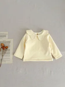 Baby long sleeve top detail, cute petal collar design in soft yellow color for sweet style.