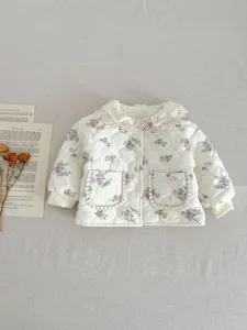 Floral quilted baby coat with sweet lace collar and pockets for cute infant winter daily wear.