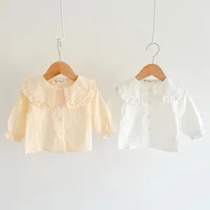 Infant Baby Girls Long Sleeve Cotton Shirt Solid Color Doll Collar Ruffle Blouse Toddler Autumn Tops Children Clothing
