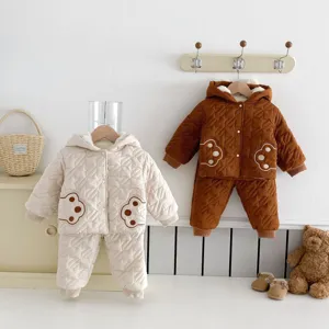 Baby winter warme katoen gewatteerde jas en broek set schattige beren capuchon kleding.