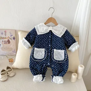 Infant winter fleece-lined thickened baby romper with cute polka dots and white lace lapel.