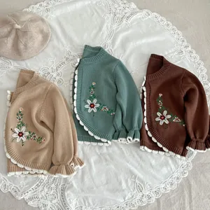Adorable baby girl floral embroidered knit cardigan, long sleeve sweater top for autumn.