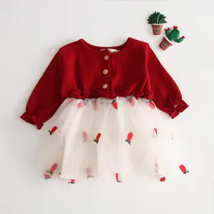 Neonata Bambina Manica Lunga Tulle Principessa Abito Rosso Floreale Ricamato Stile Coreano Abito da Festa Abbigliamento per Bambini