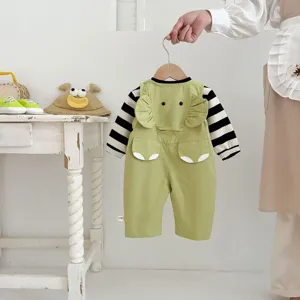 Toddler cute green elephant overalls with black white striped long sleeve shirt set apparel details.