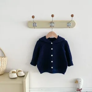 Bébé tout-petit cardigan en tricot pull bleu marine à capuche simple boutonnage automne haut